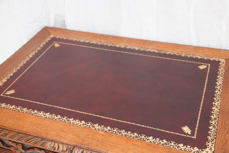 French Exquisite Hand-Carved, Tooled Leather Louis XIII Writing Table