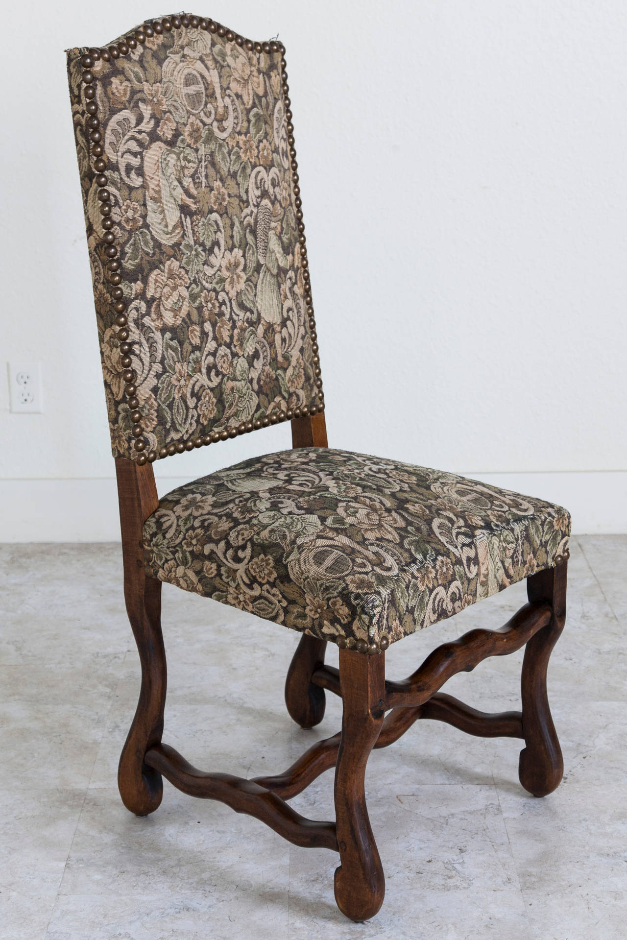 Set of six hand pegged ash mutton leg side chairs with tapestry upholstery and nailhead trim. Tapestry depicts medieval grape pickers in the vineyards.