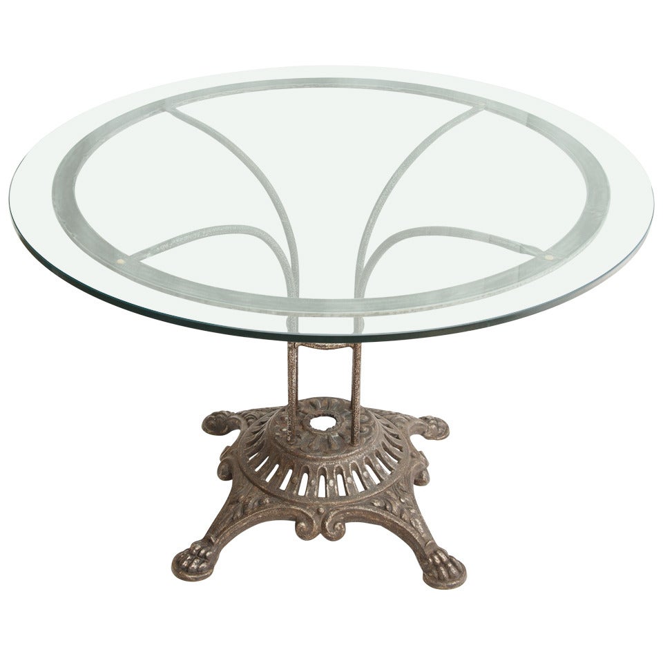Antique French Iron Dining or Garden Table with Round Glass Top, circa 1900