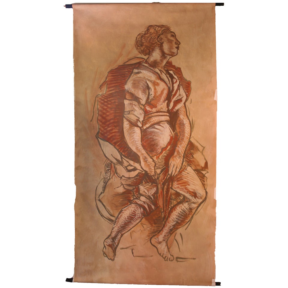 Grand Scroll Painting on Canvas of Classical Figure For Sale
