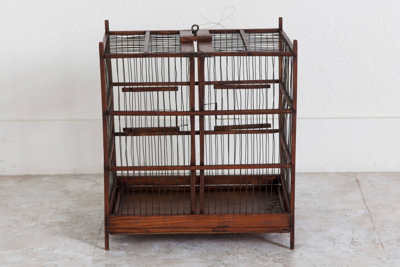 French Antique Wood and Wire Birdcage