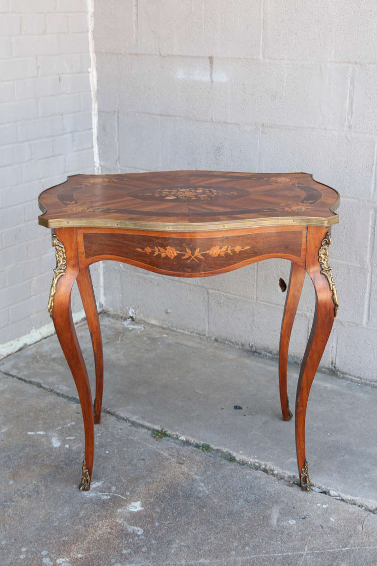 Louis XV Style Marquetry Table with Exotic Wood Inlay and Bronze Ormolu