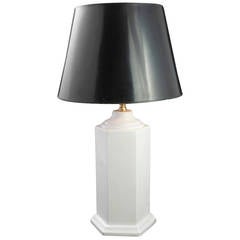 French Art Deco White Ceramic Lamp With Black and Gold Metallic Shade