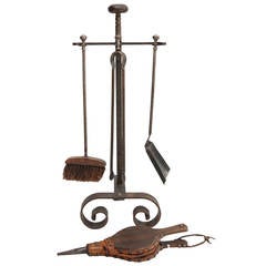 19th Century French Set of Iron Fireplace Tools with Original Hand Bellows