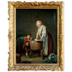 18th Century Genre Oil on Canvas of Mother and Child in Gilt Frame