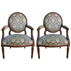 Pair of 19th Century Hand-Carved Louis XVI Medallion-Back Armchairs