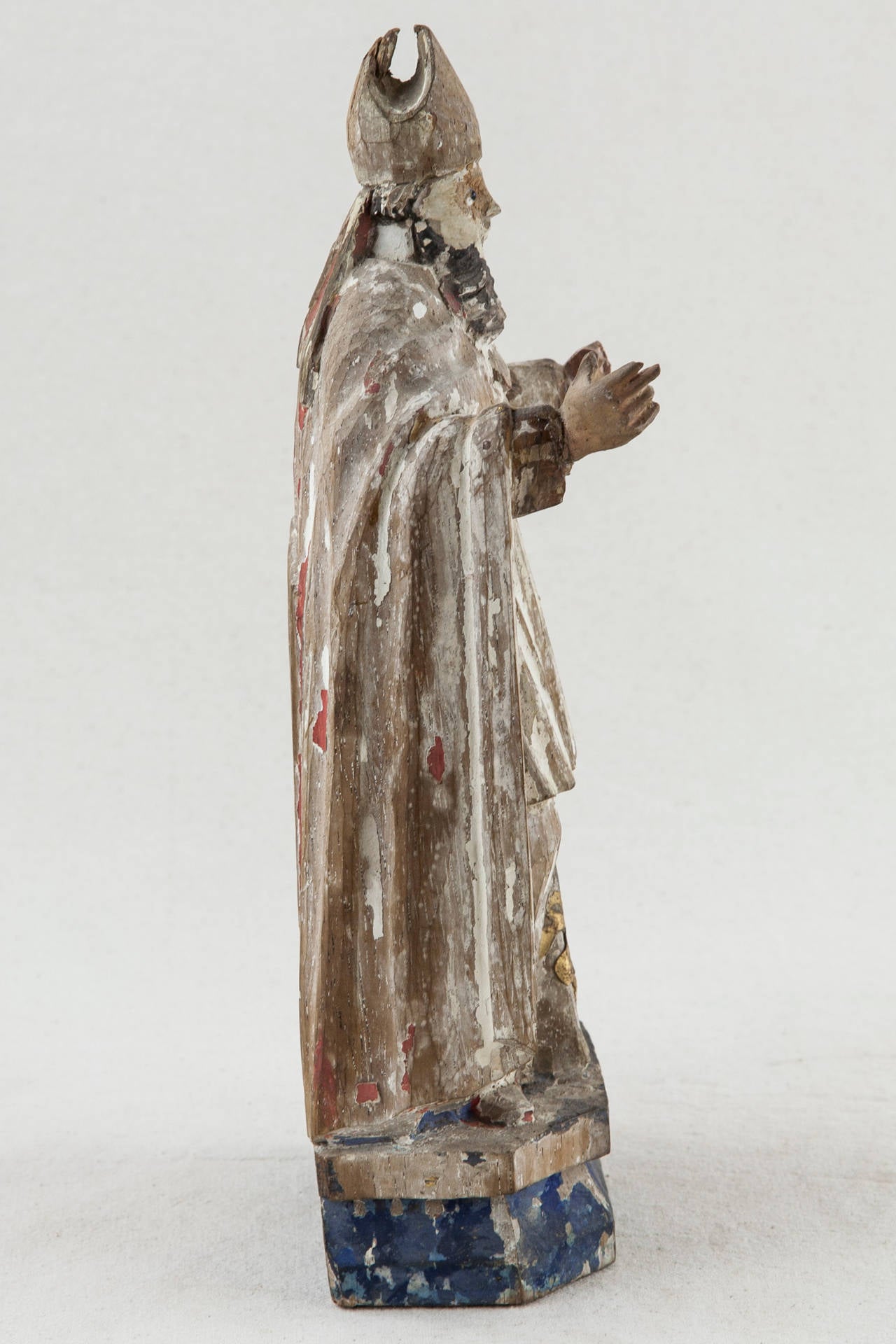 17th Century French Carved Wood, Polychrome Figure of a Bishop In Distressed Condition In Fayetteville, AR