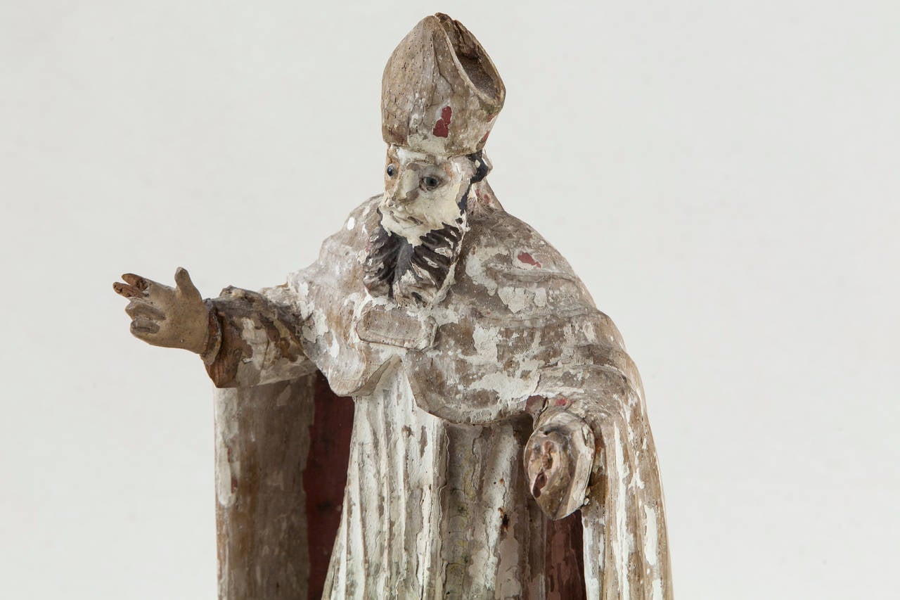 17th Century French Carved Wood, Polychrome Figure of a Bishop 1