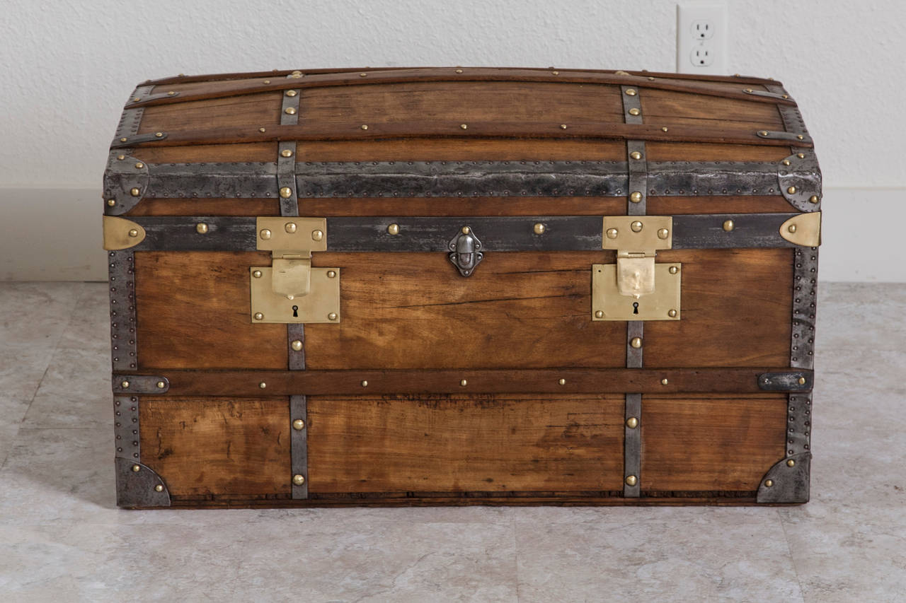 Antique French Traveling Curved Top and Brass Riveted Wood Trunk or