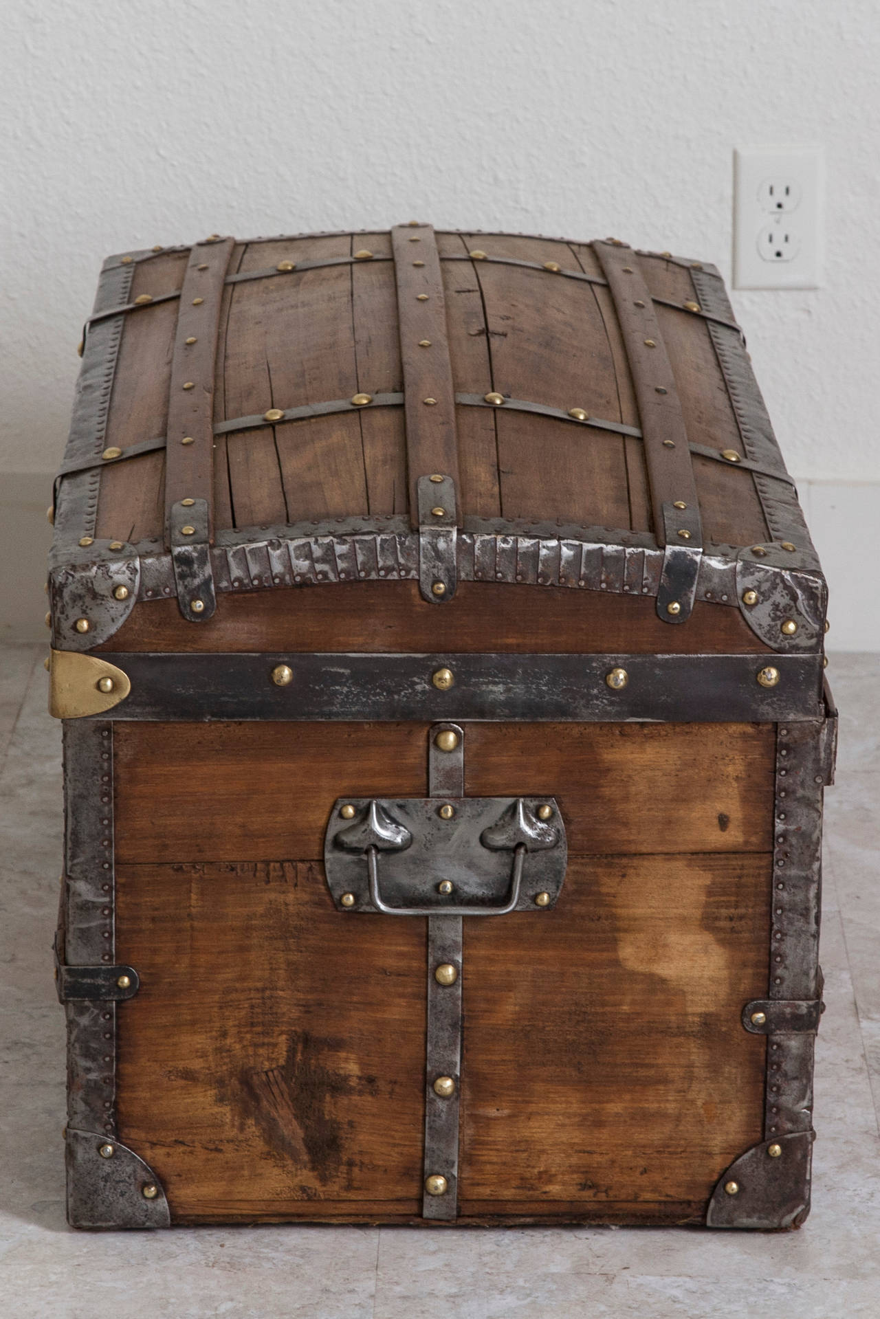 Antique French Traveling Curved Top and Brass Riveted Wood Trunk or