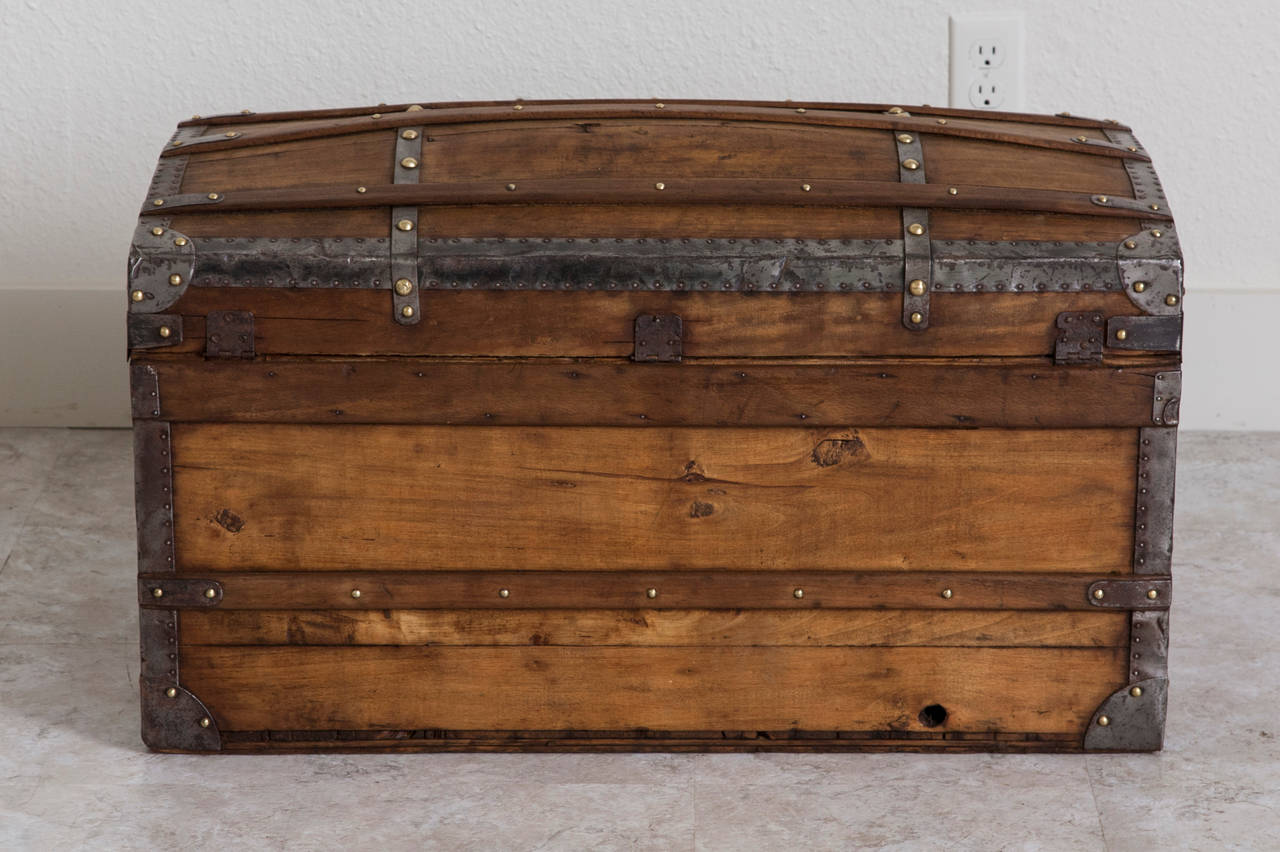 Antique French Traveling Curved Top and Brass Riveted Wood Trunk or