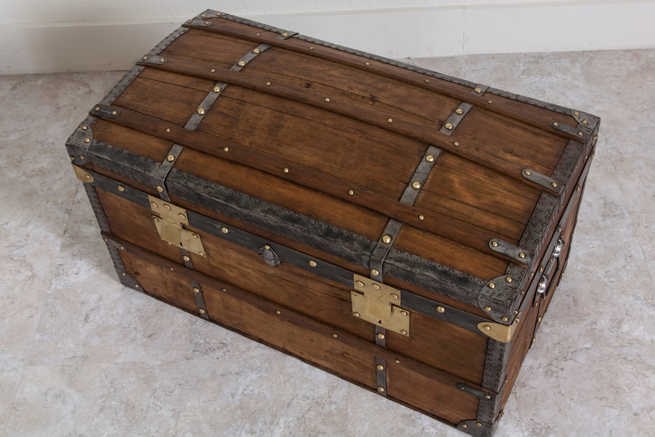 Antique French Traveling Curved Top and Brass Riveted Wood Trunk or