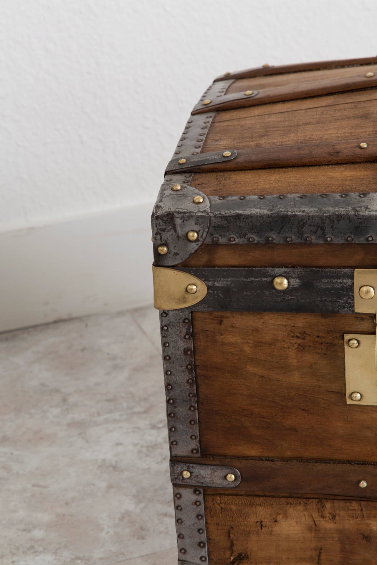 Antique French Traveling Curved Top and Brass Riveted Wood Trunk or