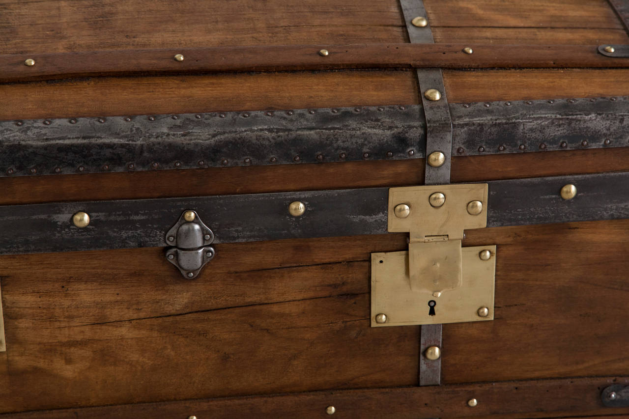 Antique French Traveling Curved Top and Brass Riveted Wood Trunk or