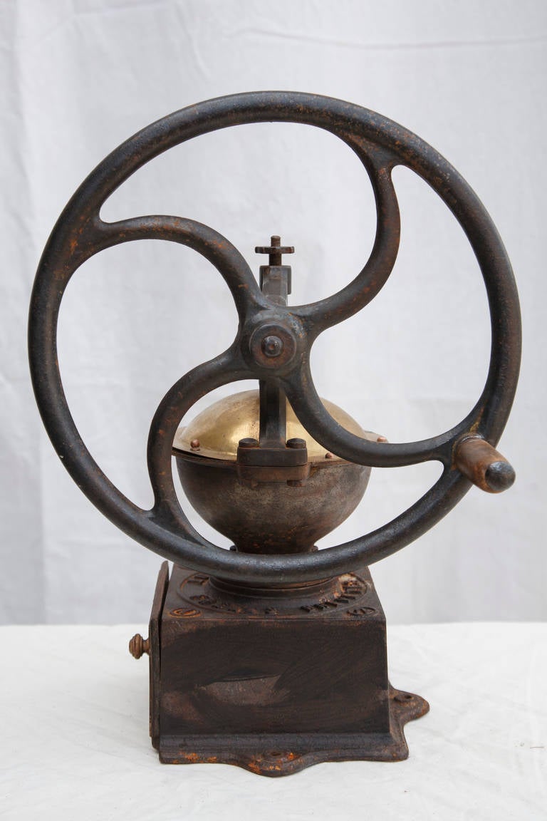 Iron Large 19th Century French Bistro Coffee Grinder with Brass Scoop