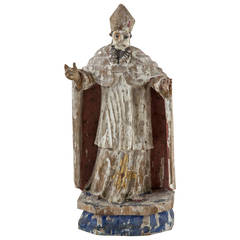 17th Century French Carved Wood, Polychrome Figure of a Bishop 1