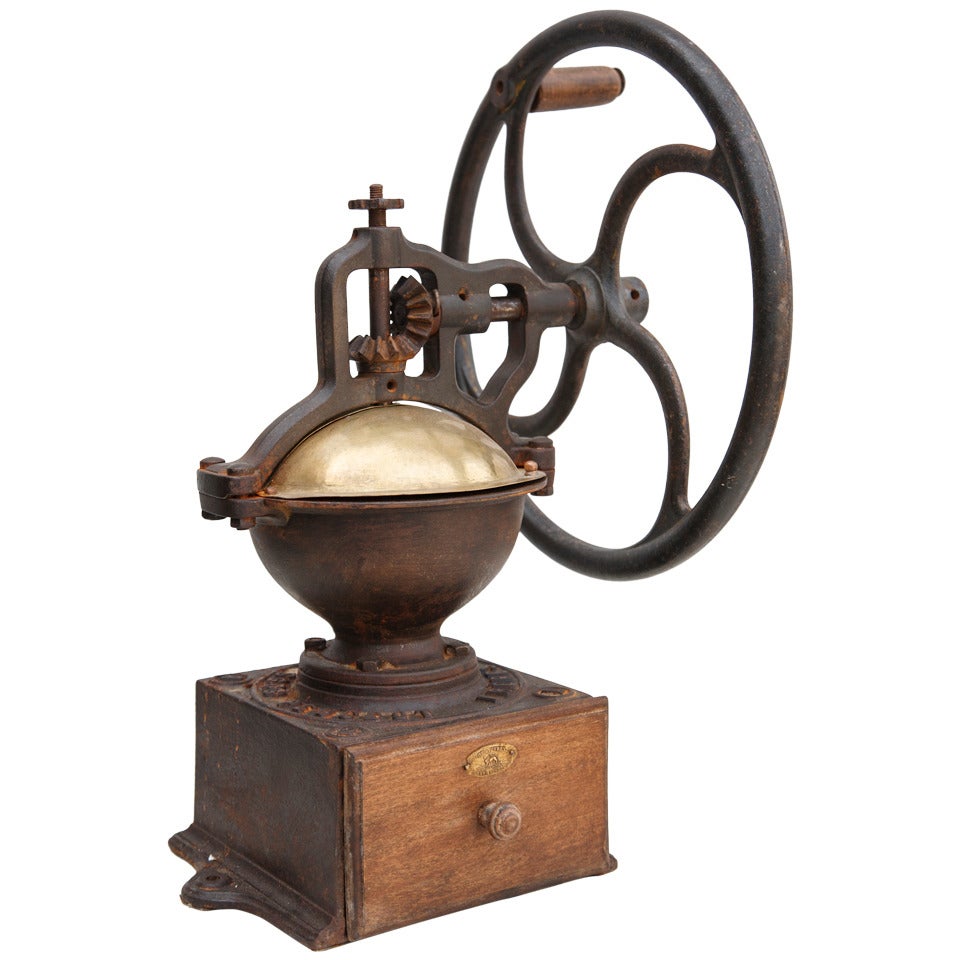 Large 19th Century French Bistro Coffee Grinder with Brass Scoop