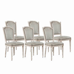 Antique Set of Six Jansen Louis XVI Style Dining Chairs in White with Nailhead Trim