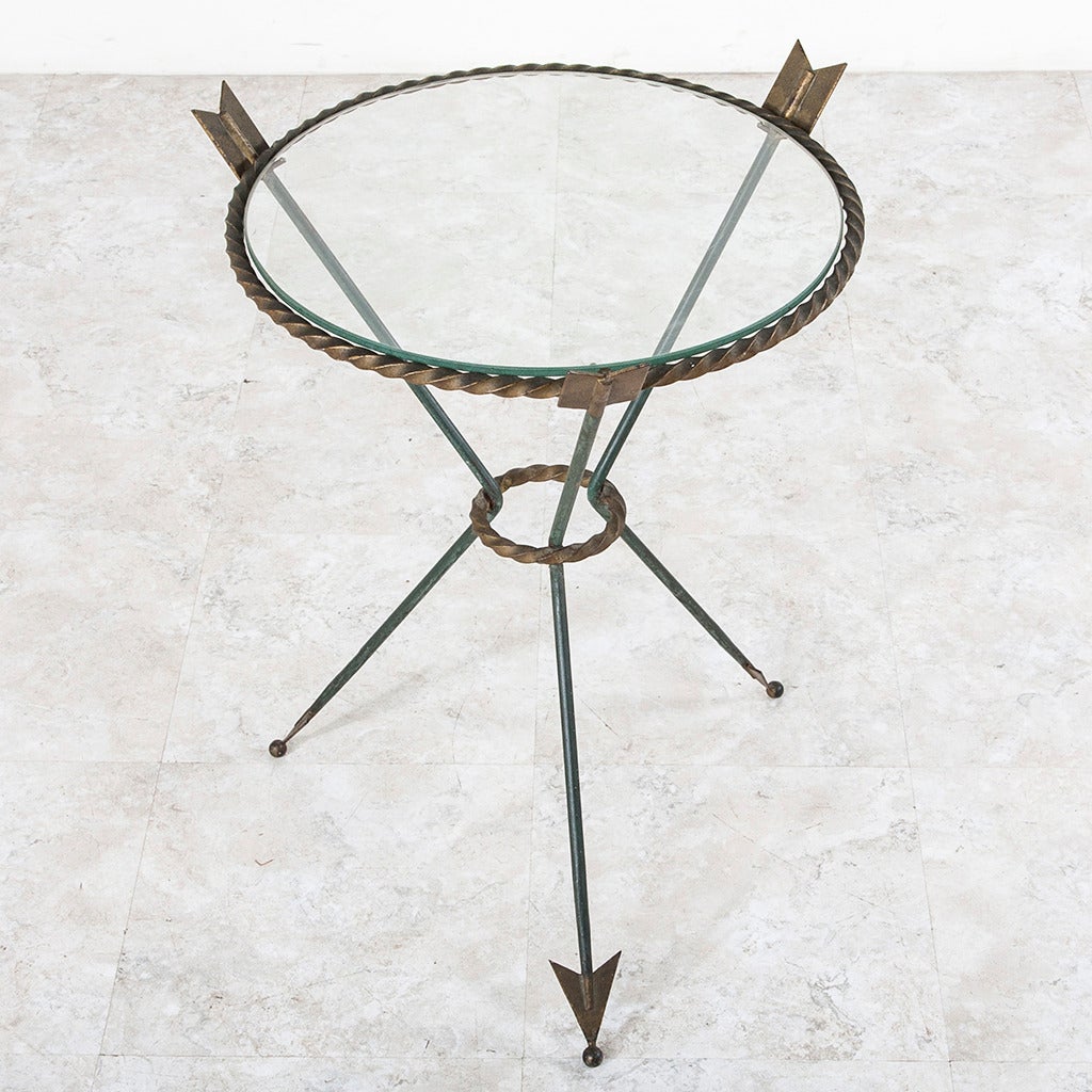 Mid Century French Directoire Style Glass Iron Side Table Gueridon In Excellent Condition In Fayetteville, AR