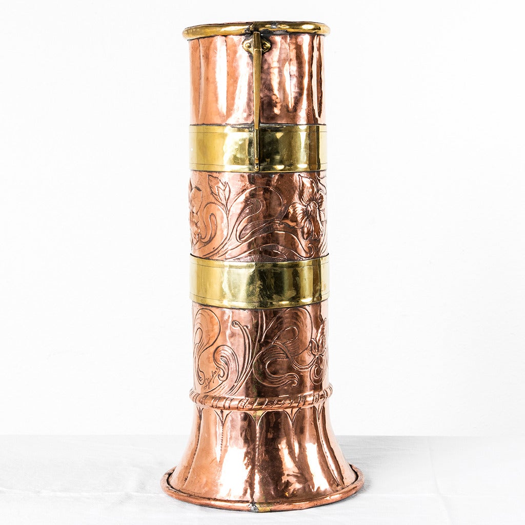Antique French Art Nouveau Copper and Brass Repoussé Umbrella or Cane