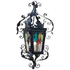 Hand-Forged Iron and Stained Glass Pendant Lantern