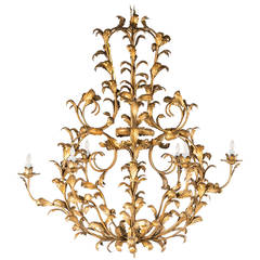Grand Scale Two-Tiered Gilt Tole Italian Chandelier with Leaf Motif
