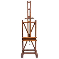 Used Large 19th Century French Oak Easel with Adjustable Tray and Crank