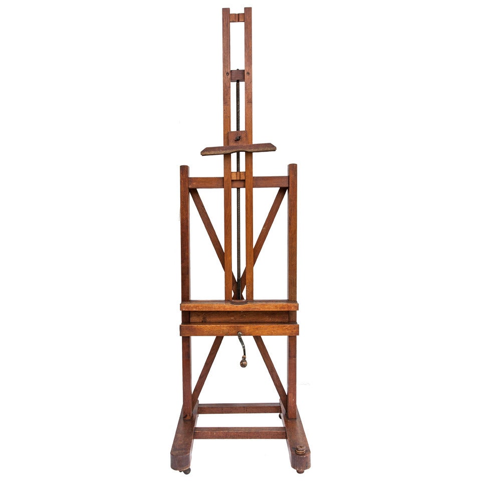 Large 19th Century French Oak Easel with Adjustable Tray and Crank