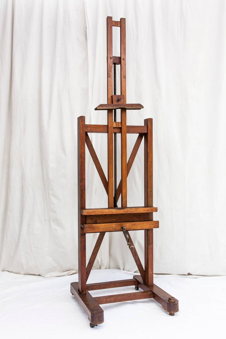 Large 19th Century French Oak Easel with Adjustable Tray and Crank 2