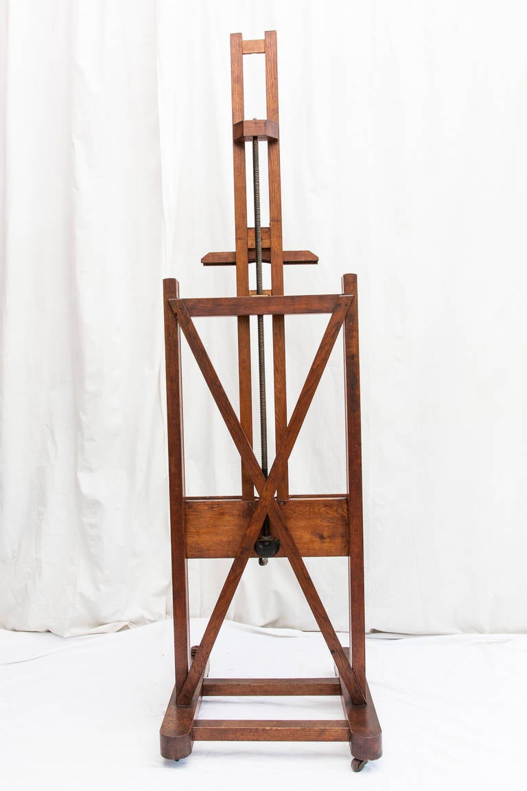 Large 19th Century French Oak Easel with Adjustable Tray and Crank 4