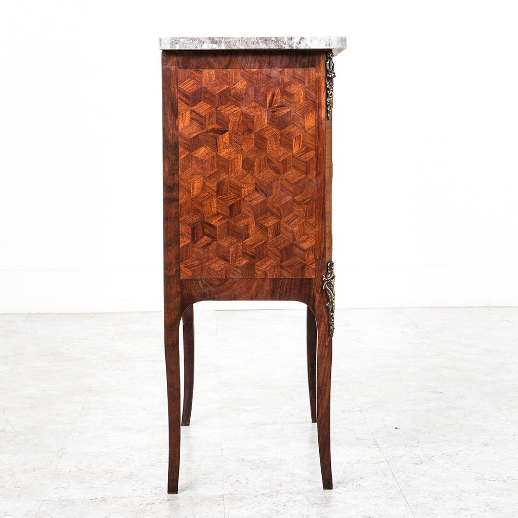 20th Century Transitional Style Parquetry Marble-Top Chest with Bronze Ormolu