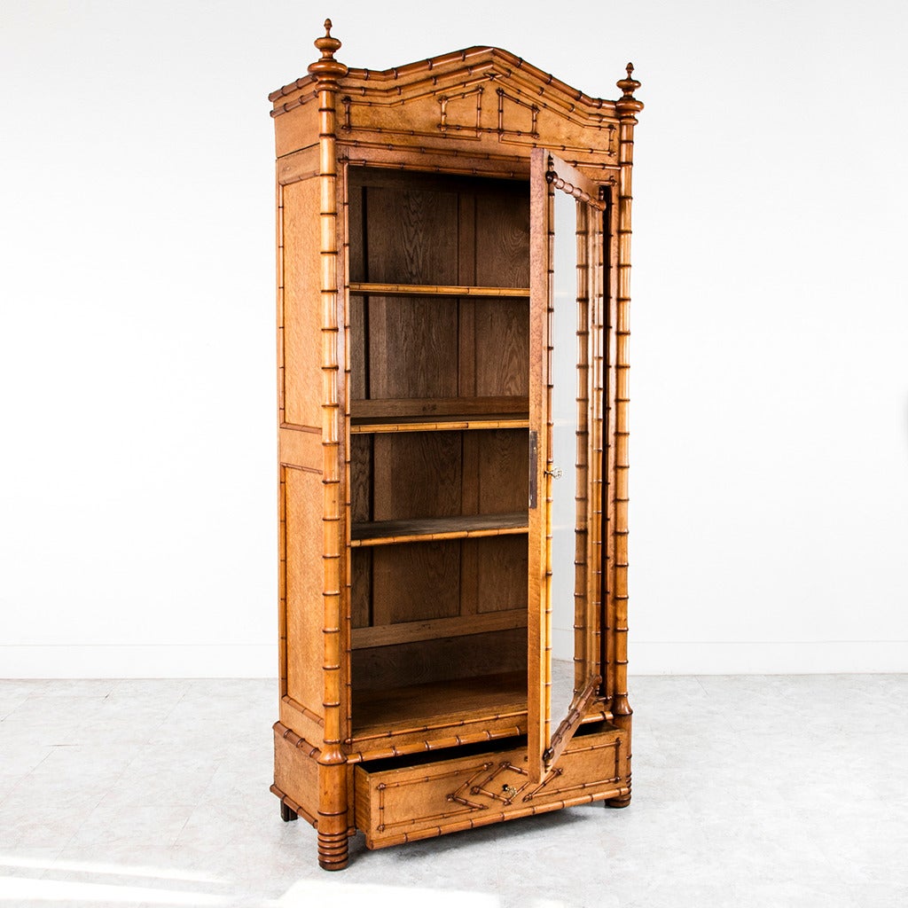 Cherry Antique French Birdseye Maple and Bamboo Vitrine or Armoire, Pair Available