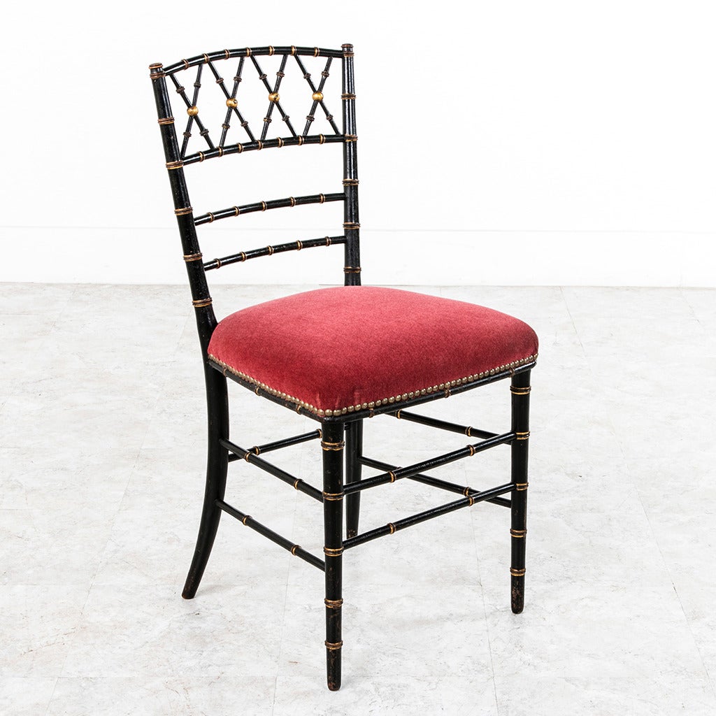 Mid-19th Century Petite Pair of Napoleon III Period Black Lacquer and Gilt Faux Bamboo Chairs