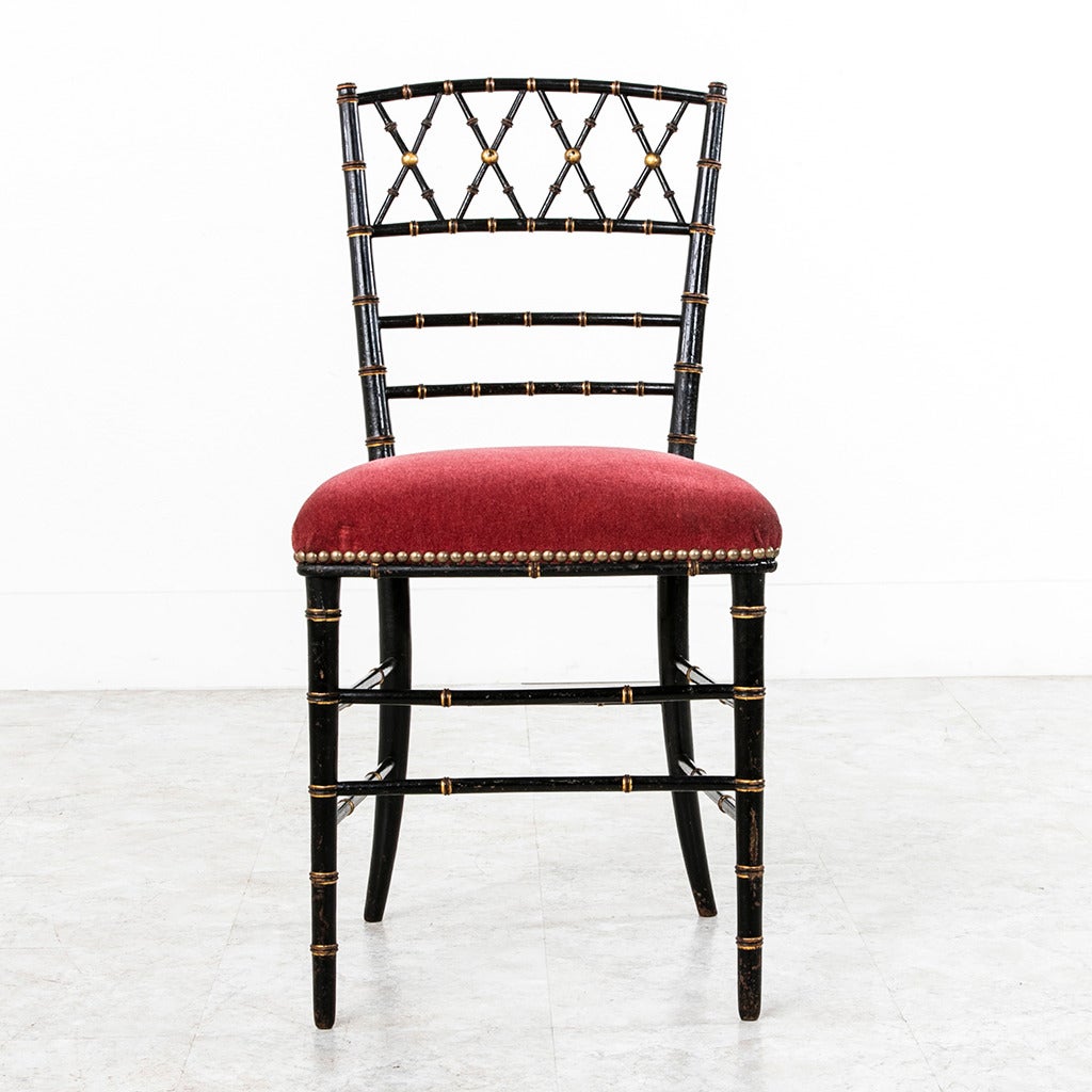 Petite Pair of Napoleon III Period Black Lacquer and Gilt Faux Bamboo Chairs In Excellent Condition In Fayetteville, AR
