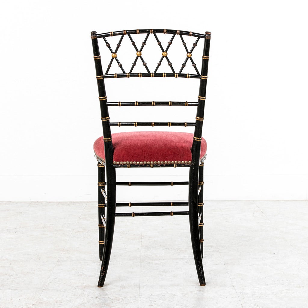 Petite Pair of Napoleon III Period Black Lacquer and Gilt Faux Bamboo Chairs 1