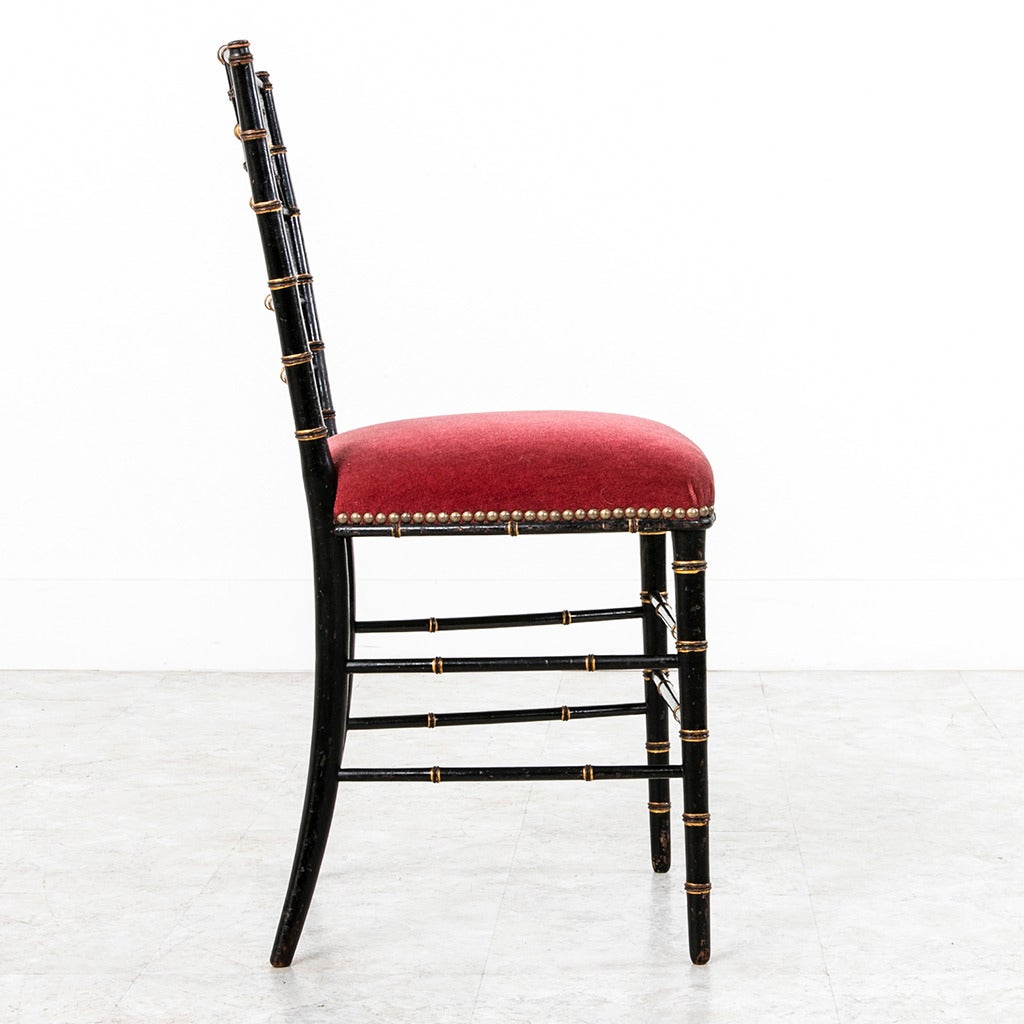 French Petite Pair of Napoleon III Period Black Lacquer and Gilt Faux Bamboo Chairs
