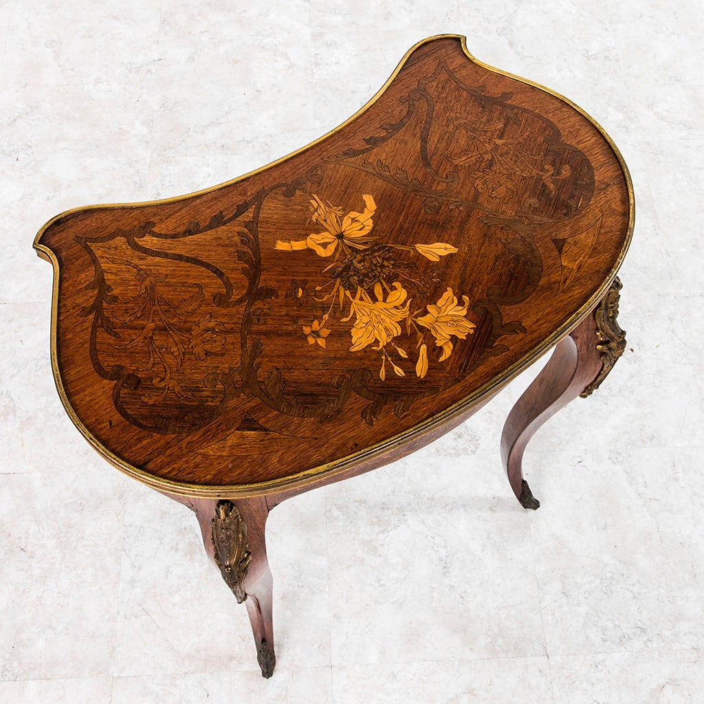 Fruitwood 19th Century Marquetry Louis XV Style Kidney Side Table with Bronze Ormolu