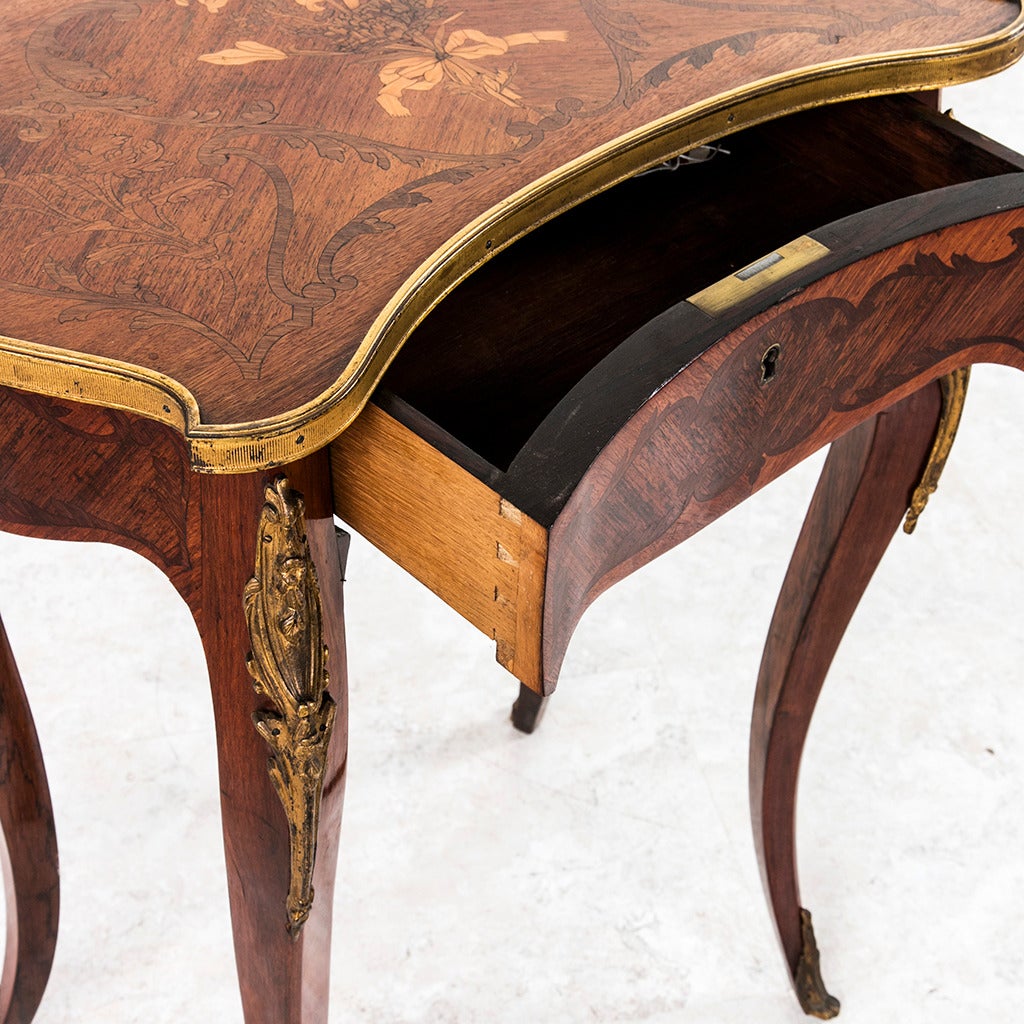 19th Century Marquetry Louis XV Style Kidney Side Table with Bronze Ormolu 1