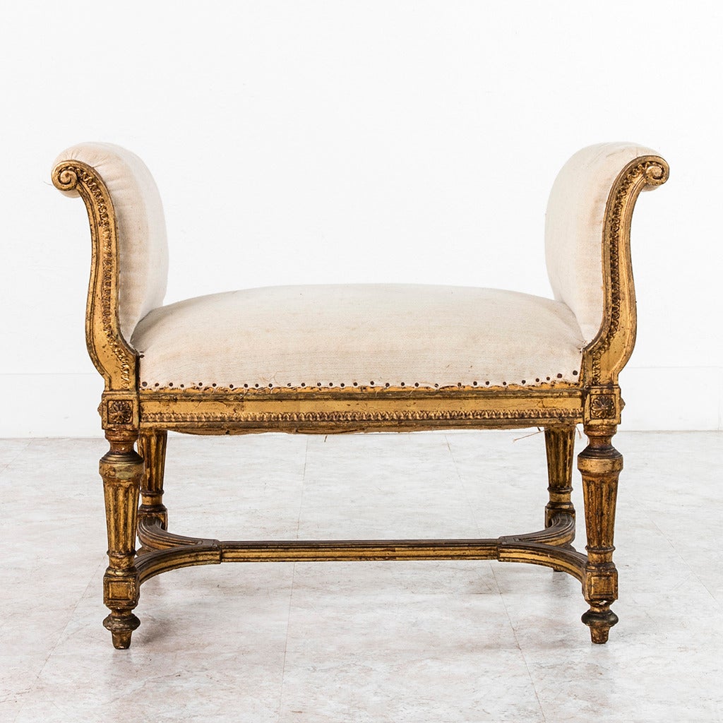 Mid-19th Century Louis XVI Style Giltwood Bench or Banquette with Linen Upholstery, circa 1860