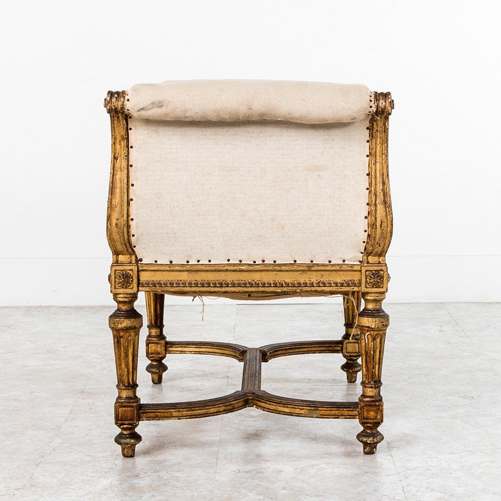 Louis XVI Style Giltwood Bench or Banquette with Linen Upholstery, circa 1860 In Excellent Condition In Fayetteville, AR