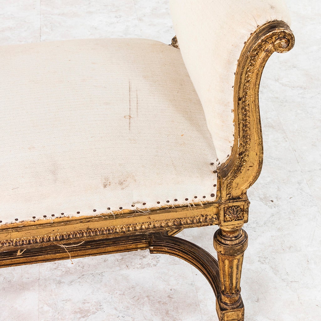 Louis XVI Style Giltwood Bench or Banquette with Linen Upholstery, circa 1860 1