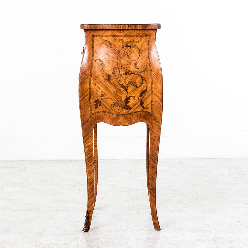 Exquisite Petite Bombe Marquetry Nightstand Chest with Bronze Hardware
