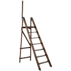 19th Century Ash French Library Ladder with Platform and Handle