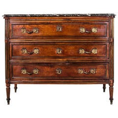 Louis XVI Period Walnut Commode with Bronze Fluting and Marble Top