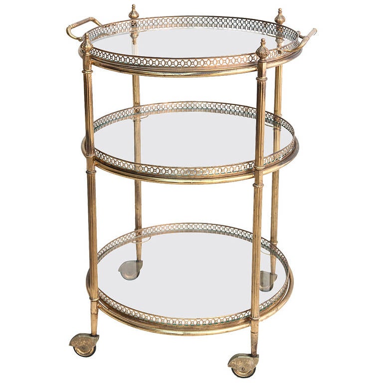 MidCentury Brass Bar Cart with Three Glass Shelves at 1stDibs