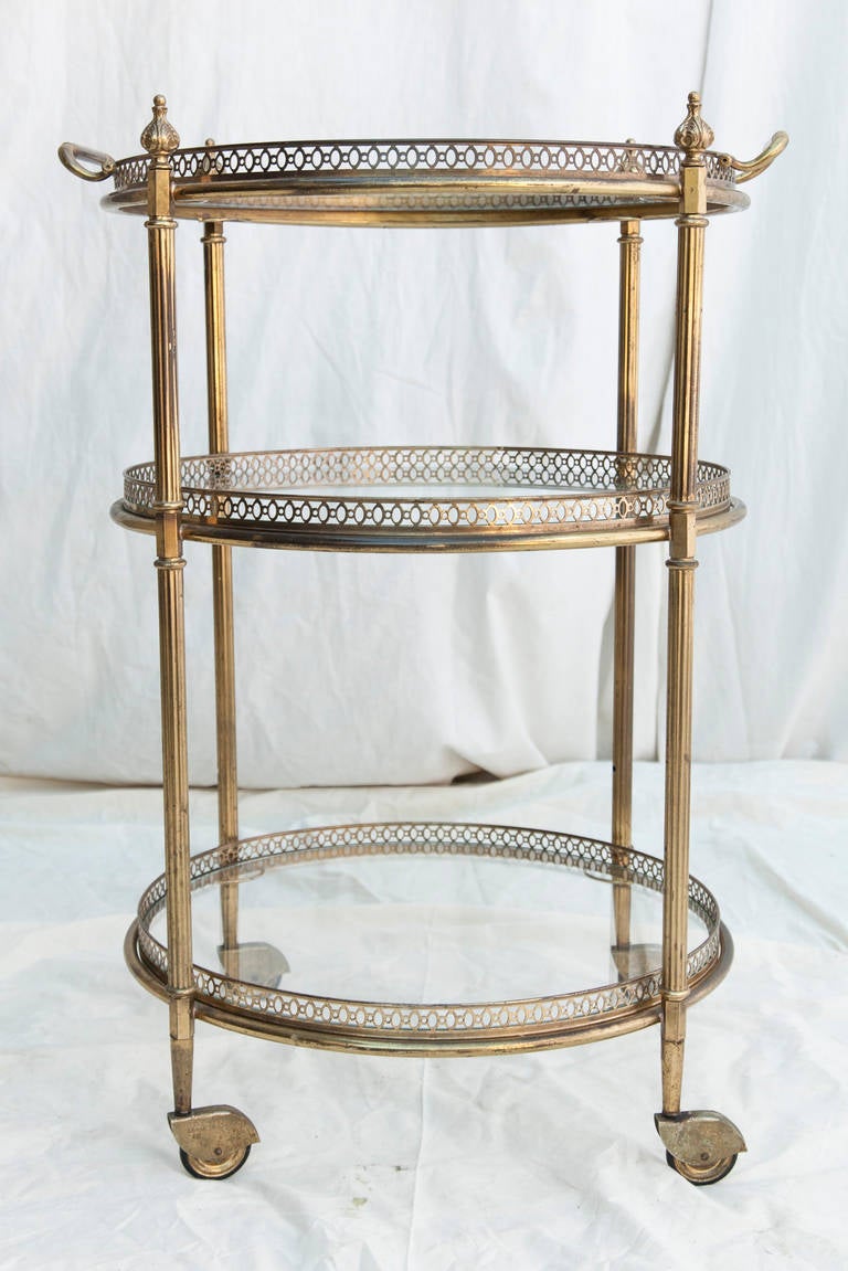 French Mid-Century Brass Bar Cart with Three Glass Shelves