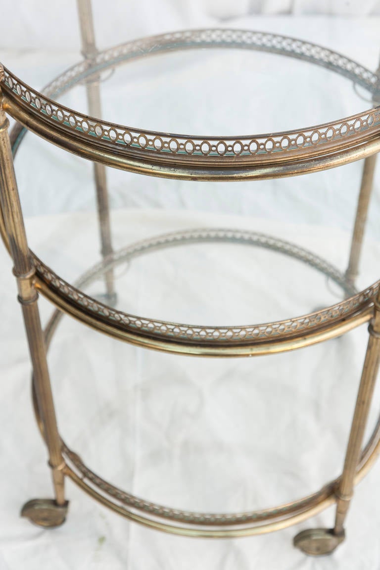 Mid-Century Brass Bar Cart with Three Glass Shelves In Excellent Condition In Fayetteville, AR