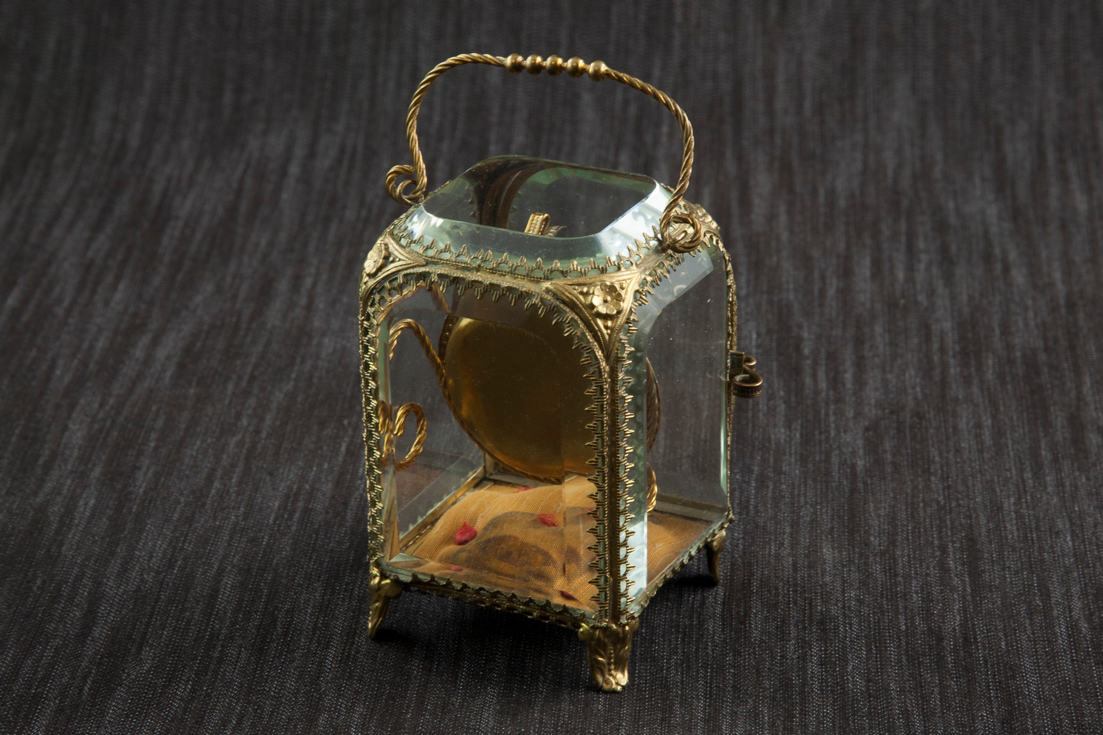 Bronze and Beveled Glass Porte-Montre or Pocket Watch Display Case