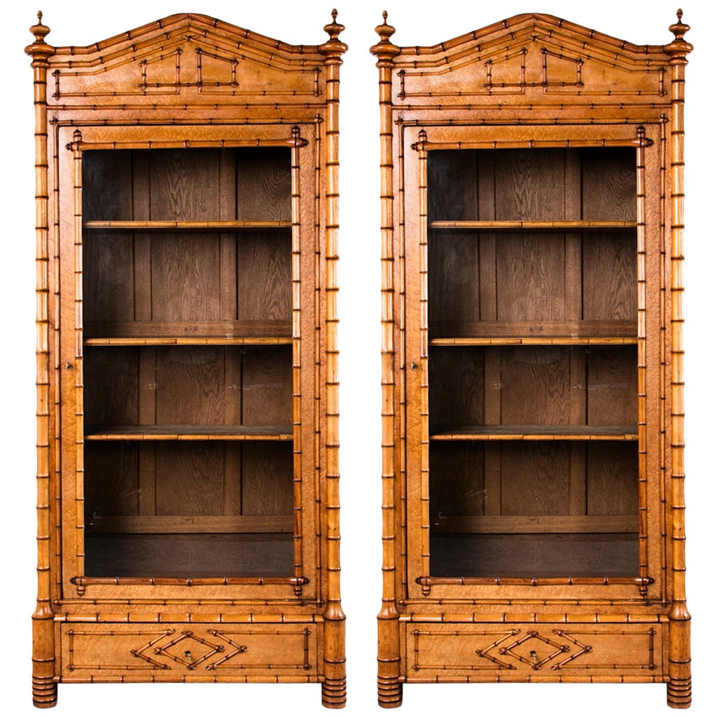 Antique French Birdseye Maple and Bamboo Vitrine or Armoire, Pair Available