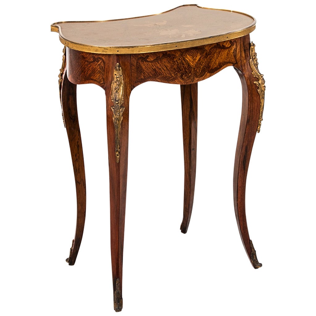 19th Century Marquetry Louis XV Style Kidney Side Table with Bronze Ormolu